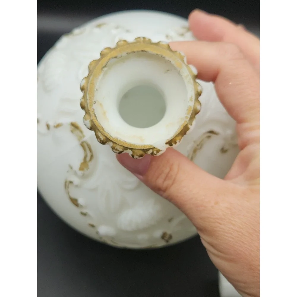 Set Of 2 Antique Milk Glass Vanity Bottles With Stoppers Gold Trim